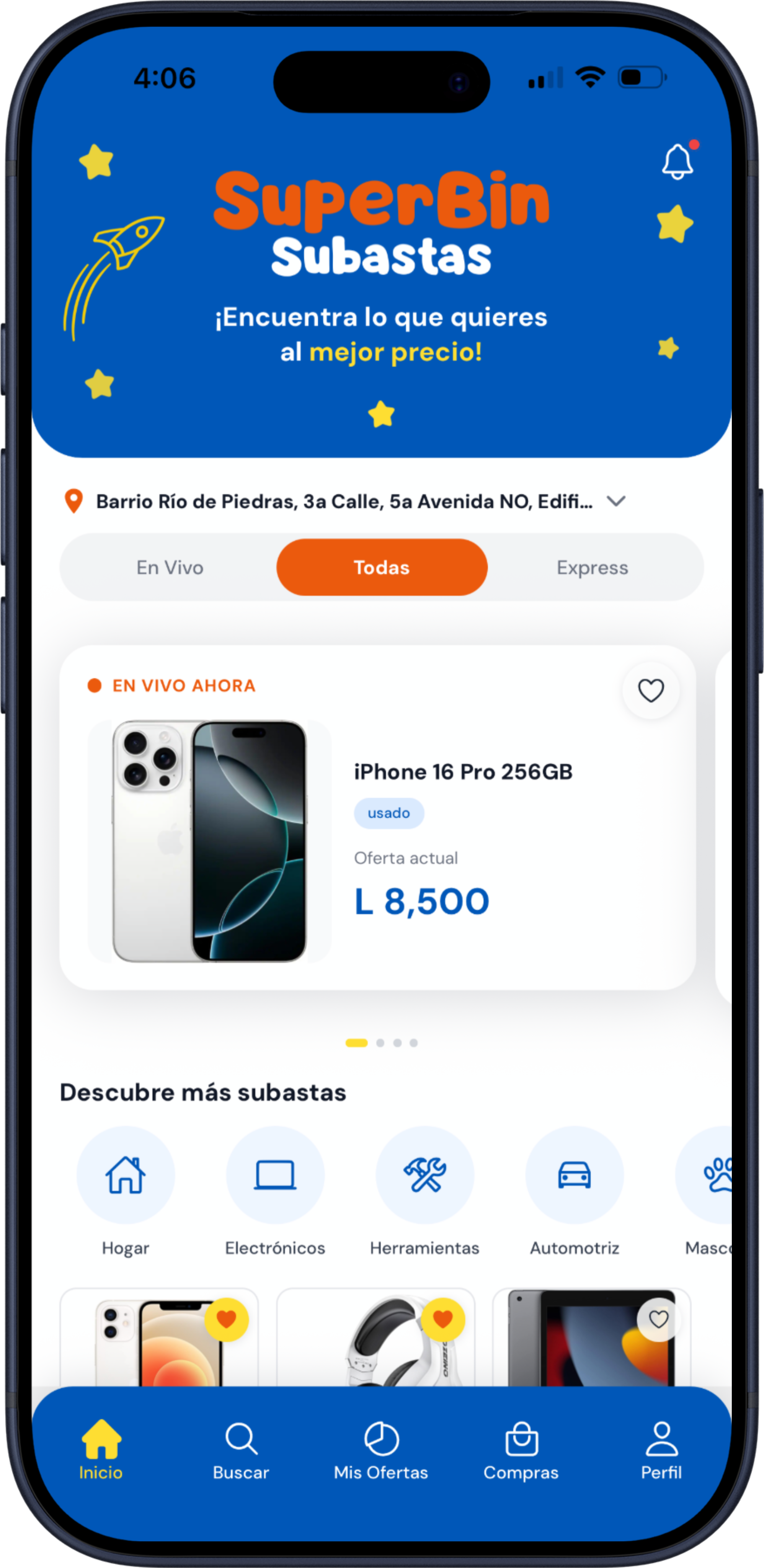 Pantalla de inicio de la app SuperBin con una subasta en vivo y la oferta actual en lempiras.
