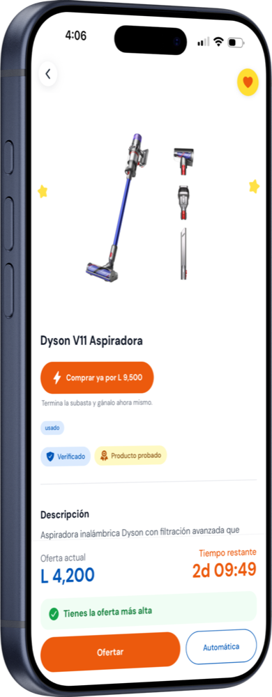 Pantalla de un lote en la aplicación SuperBin con su precio de Compra Ya.
